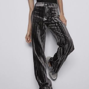Zara Grey Crushed Velvet High-Waisted Straight Leg Trousers